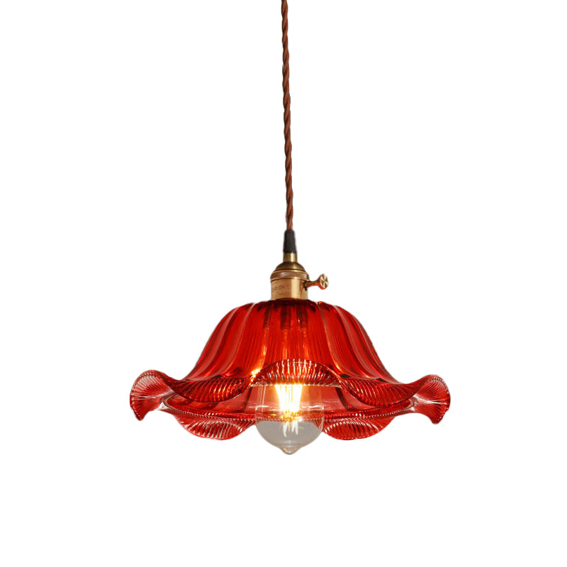 Industrial Scalloped Pendant Light - 1 Light, Red Glass, 8"/10"/12" Wide - Hanging Lamp for Living Room