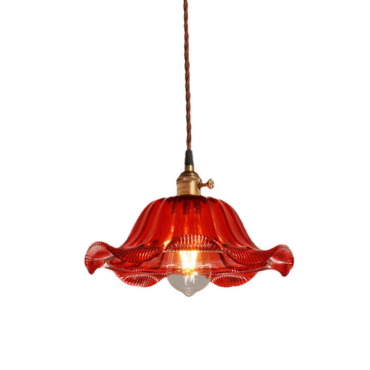 Industrial Scalloped Pendant Light - 1 Light, Red Glass, 8"/10"/12" Wide - Hanging Lamp for Living Room