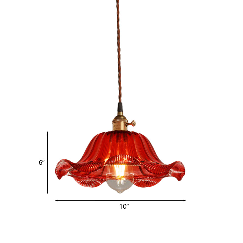 Industrial Scalloped Pendant Light - 1 Light, Red Glass, 8"/10"/12" Wide - Hanging Lamp for Living Room