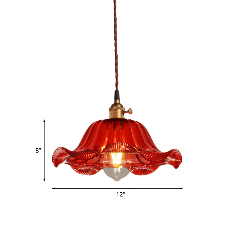 Industrial Scalloped Pendant Light - 1 Light, Red Glass, 8"/10"/12" Wide - Hanging Lamp for Living Room