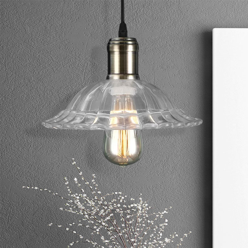 Hanging Ceiling Light with Scalloped Ribbed Glass Shade - Industrial Pendant Lighting for Living Room - Clear