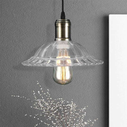 Hanging Ceiling Light with Scalloped Ribbed Glass Shade - Industrial Pendant Lighting for Living Room - Clear