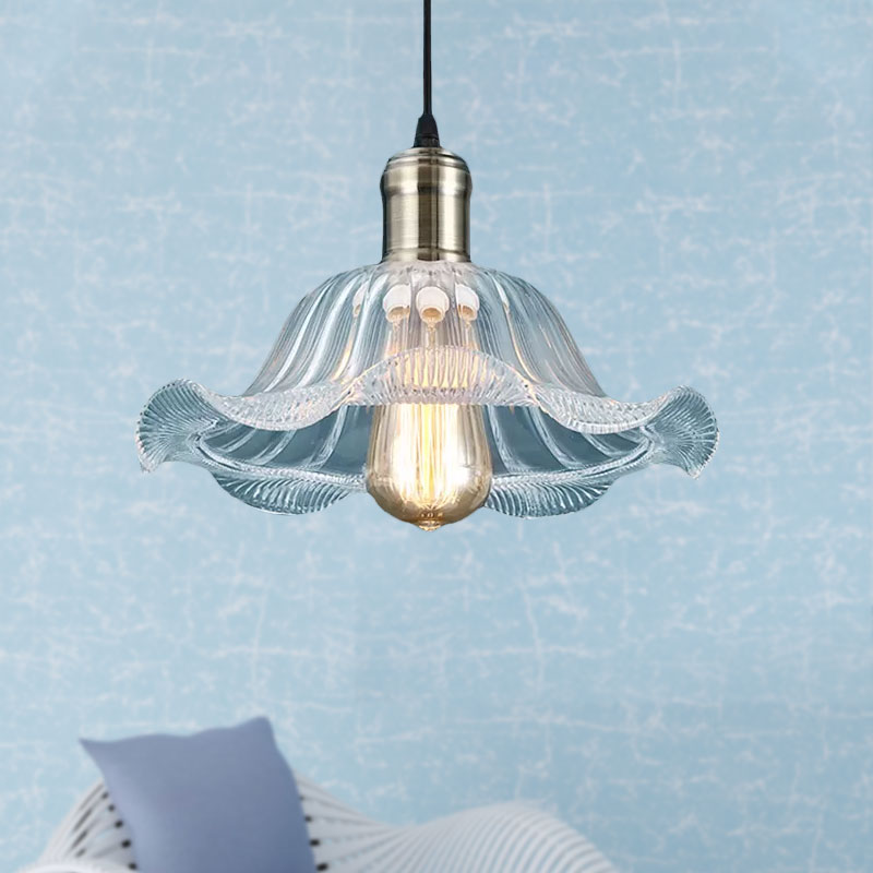 Industrial Brass Clear Glass Pendant Light With Wavy Edge - 1 Bowl Fixture 8/10/12 Wide