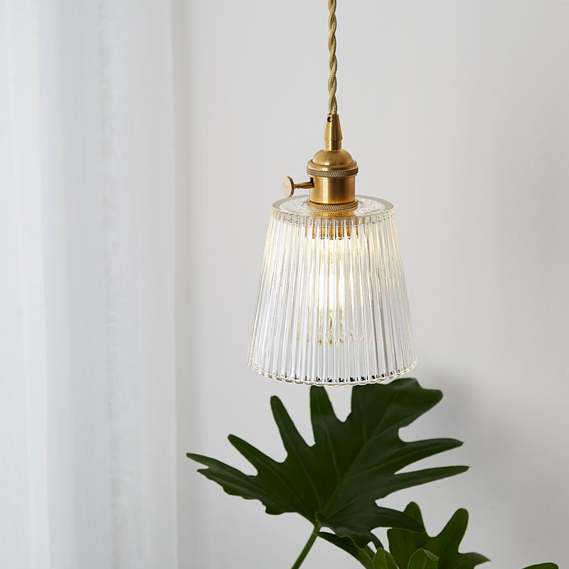 Modern Cone Hanging Ceiling Light - 1 Ribbed Glass Pendant In Brass