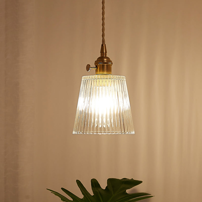 Modern Cone Hanging Ceiling Light - 1 Ribbed Glass Pendant In Brass