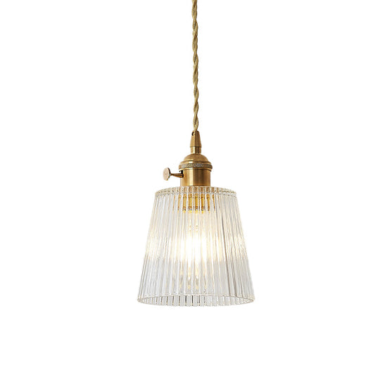 Modern Cone Hanging Ceiling Light - 1 Ribbed Glass Pendant In Brass