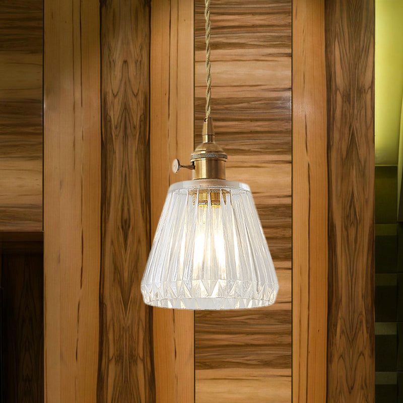 Modern Cone Hanging Ceiling Light - 1 Ribbed Glass Pendant In Brass Clear / B