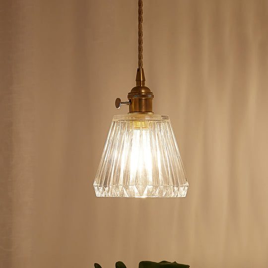 Modern Cone Hanging Ceiling Light - 1 Ribbed Glass Pendant In Brass