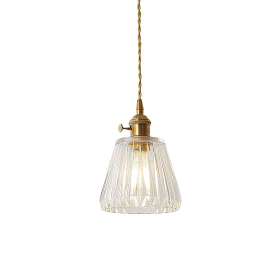 Modern Cone Hanging Ceiling Light - 1 Ribbed Glass Pendant In Brass