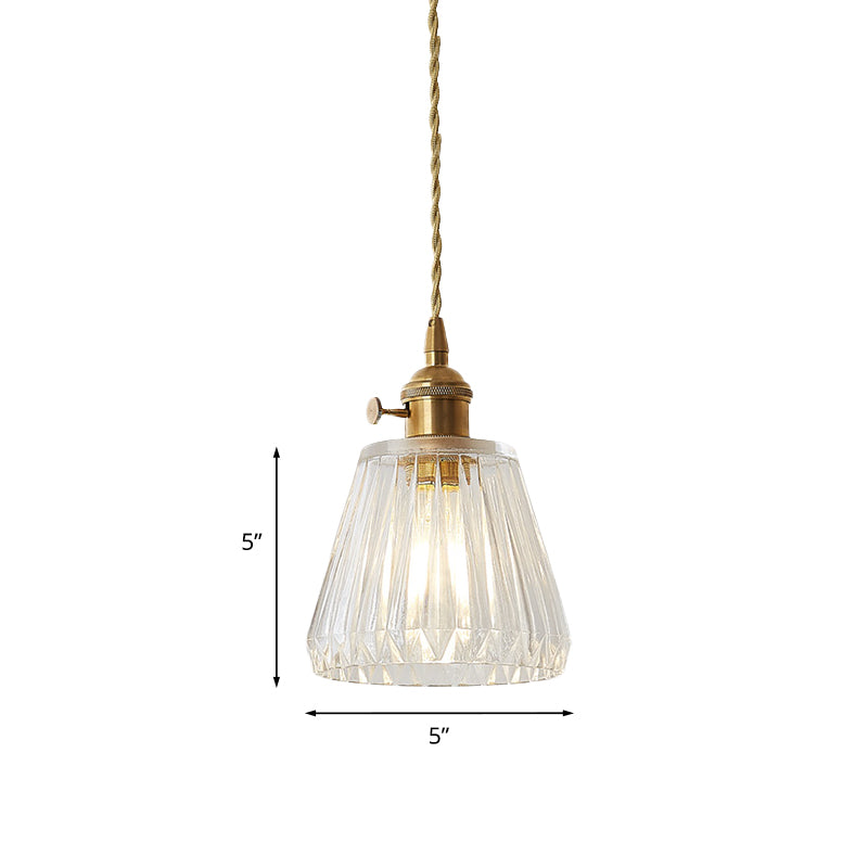 Modern Cone Hanging Ceiling Light - 1 Ribbed Glass Pendant In Brass