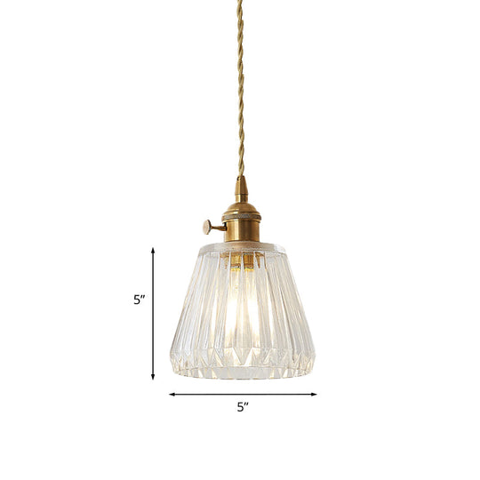 Modern Cone Hanging Ceiling Light - 1 Ribbed Glass Pendant In Brass