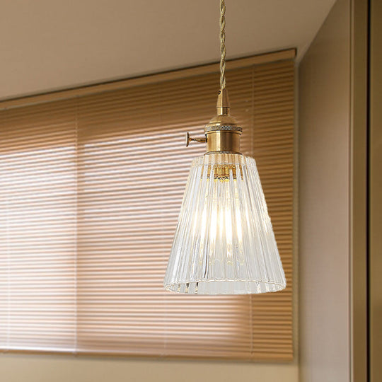 Modern Flared Clear Glass 1-Light Pendant Ceiling Light in Brass