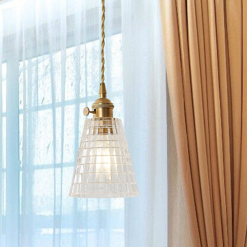 Modern Flared Clear Glass 1-Light Pendant Ceiling Light in Brass