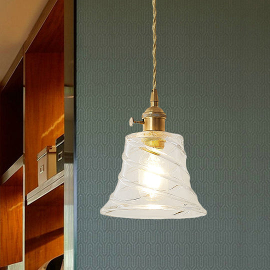 Modern Bell Shaped Clear Glass Pendant Light with Flower/Spiral Design - One Light Ceiling Fixture