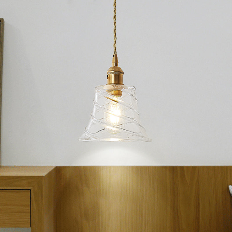 Modern Bell Shaped Clear Glass Pendant Light with Flower/Spiral Design - One Light Ceiling Fixture