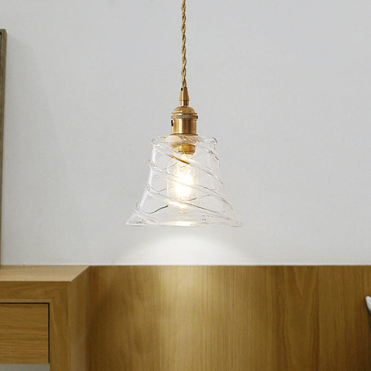 Modern Bell Shaped Clear Glass Pendant Light with Flower/Spiral Design - One Light Ceiling Fixture