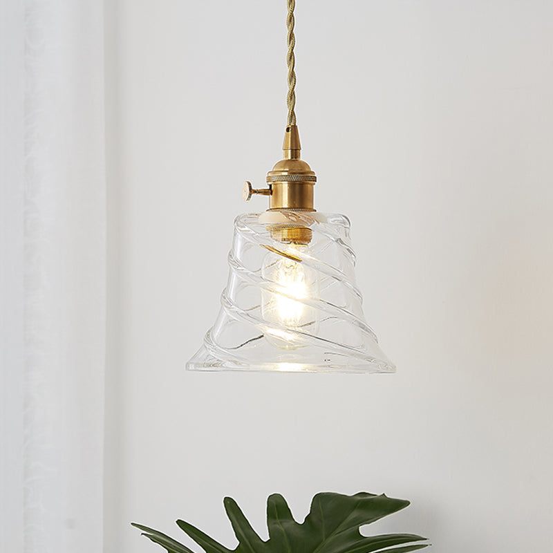 Modern Bell Shaped Clear Glass Pendant Light with Flower/Spiral Design - One Light Ceiling Fixture