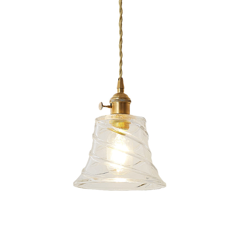 Modern Bell Shaped Clear Glass Pendant Light with Flower/Spiral Design - One Light Ceiling Fixture