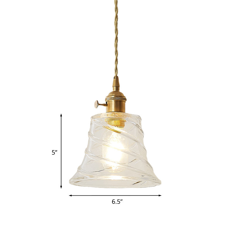 Modern Bell Shaped Clear Glass Pendant Light with Flower/Spiral Design - One Light Ceiling Fixture