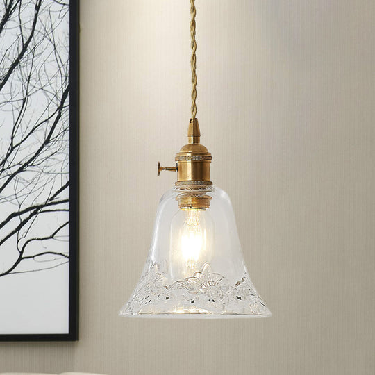 Modern Bell Shaped Clear Glass Pendant Light with Flower/Spiral Design - One Light Ceiling Fixture