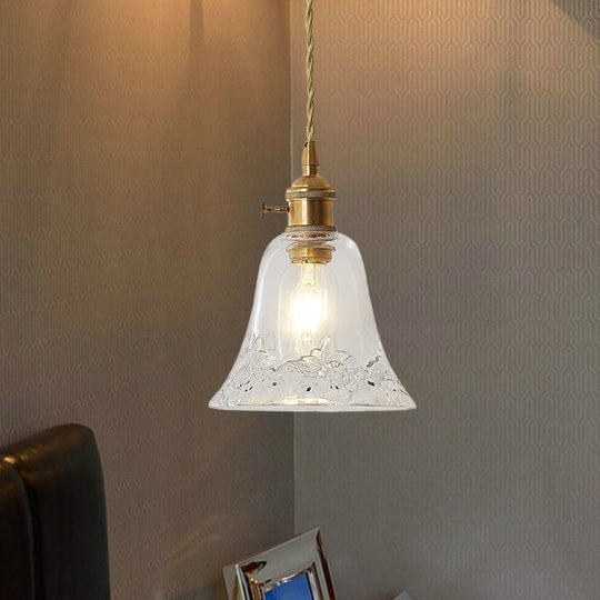 Modern Bell Shaped Clear Glass Pendant Light with Flower/Spiral Design - One Light Ceiling Fixture