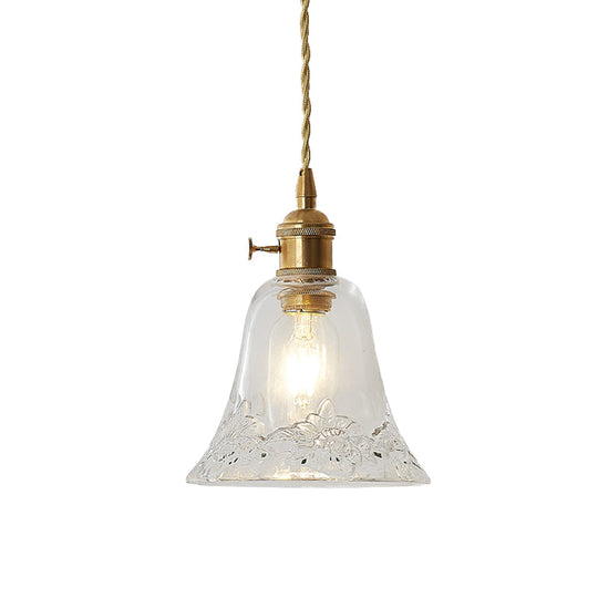 Modern Bell Shaped Clear Glass Pendant Light with Flower/Spiral Design - One Light Ceiling Fixture