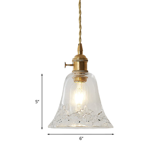 Modern Bell Shaped Clear Glass Pendant Light with Flower/Spiral Design - One Light Ceiling Fixture