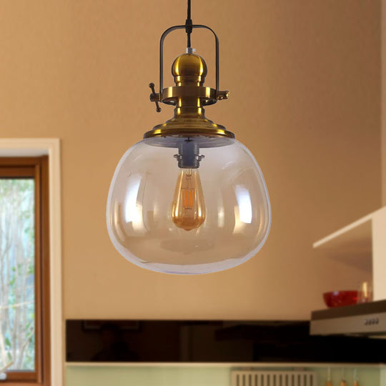 Modern Antique Brass Amber Glass Pendant Light for Living Room - 1 Light Round Ceiling Lamp