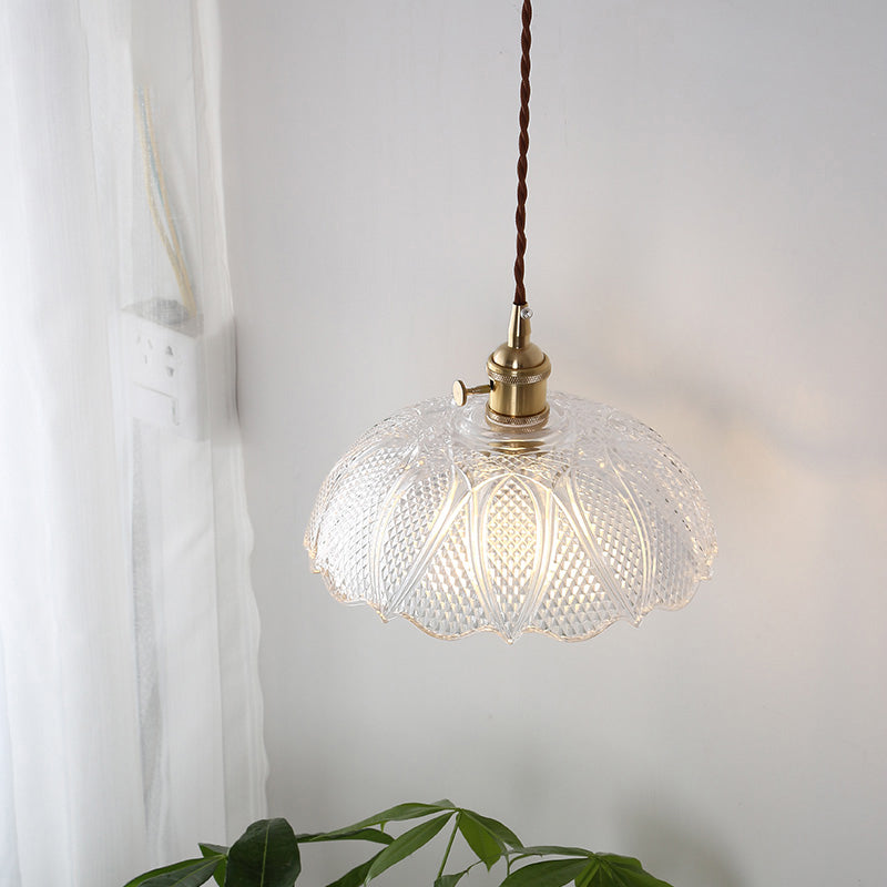 Modern Brass Pendant Light With Etched Glass Dome For Living Room