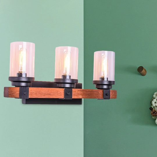 Cylinder Shade Clear Glass Wall Sconce: 3-Bulb Brown Fixture For Traditional Living Rooms