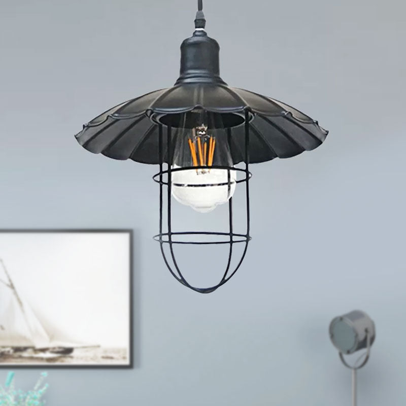 1 Head Black Metal Wire Guard Pendant Light with Nautical Scalloped Shade for Stylish Restaurant Ambiance