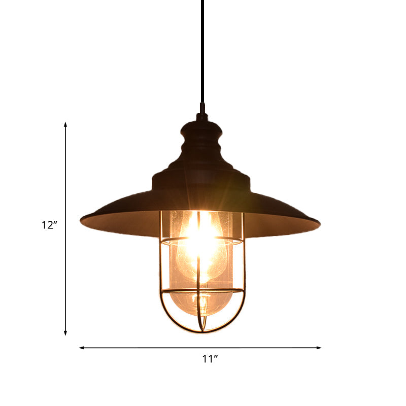 Coastal Black Clear Glass Pendant Ceiling Lamp With Iron Cage - Ideal For Coffee Shops (1-Light)