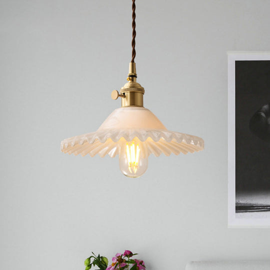 One Light Scalloped Pendant Lighting Fixture Industrial Brass White Glass Hanging Ceiling Light