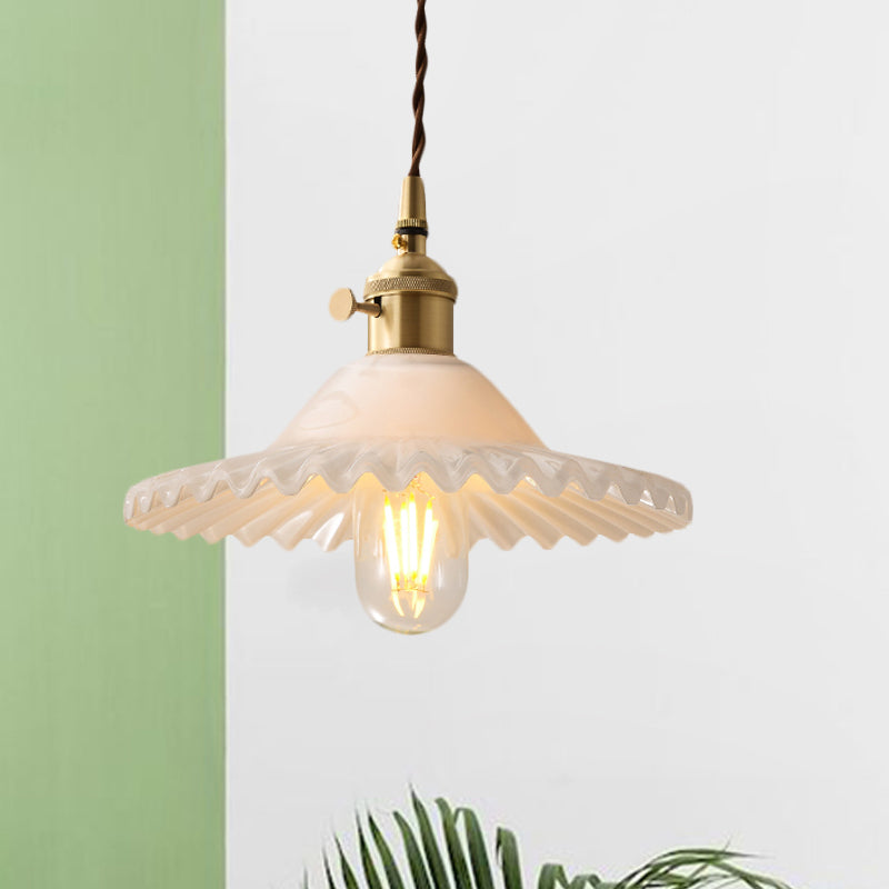 One Light Scalloped Pendant Lighting Fixture Industrial Brass White Glass Hanging Ceiling Light