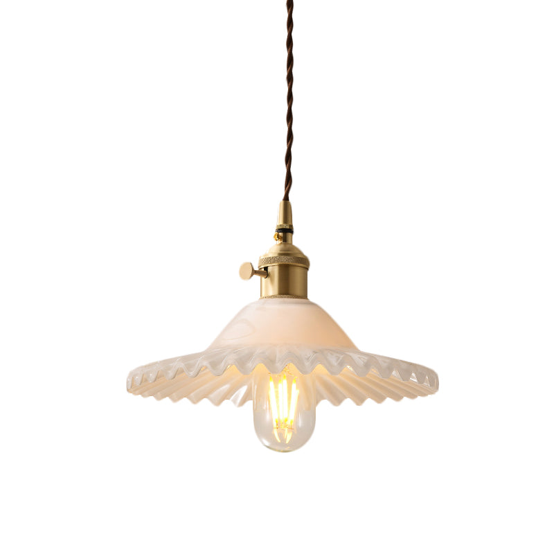 One Light Scalloped Pendant Lighting Fixture Industrial Brass White Glass Hanging Ceiling Light