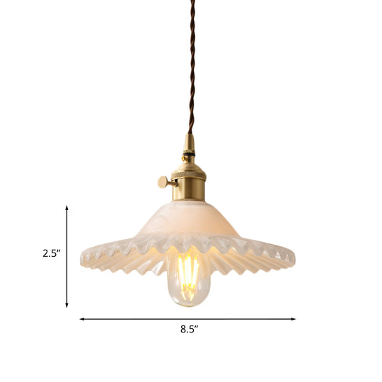 One Light Scalloped Pendant Lighting Fixture Industrial Brass White Glass Hanging Ceiling Light