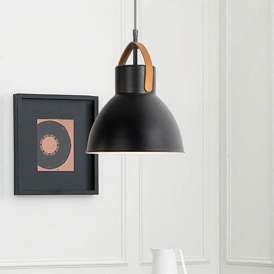 Industrial Domed Metallic Pendant Lamp with Glass Diffuser and Leather Strap - Black