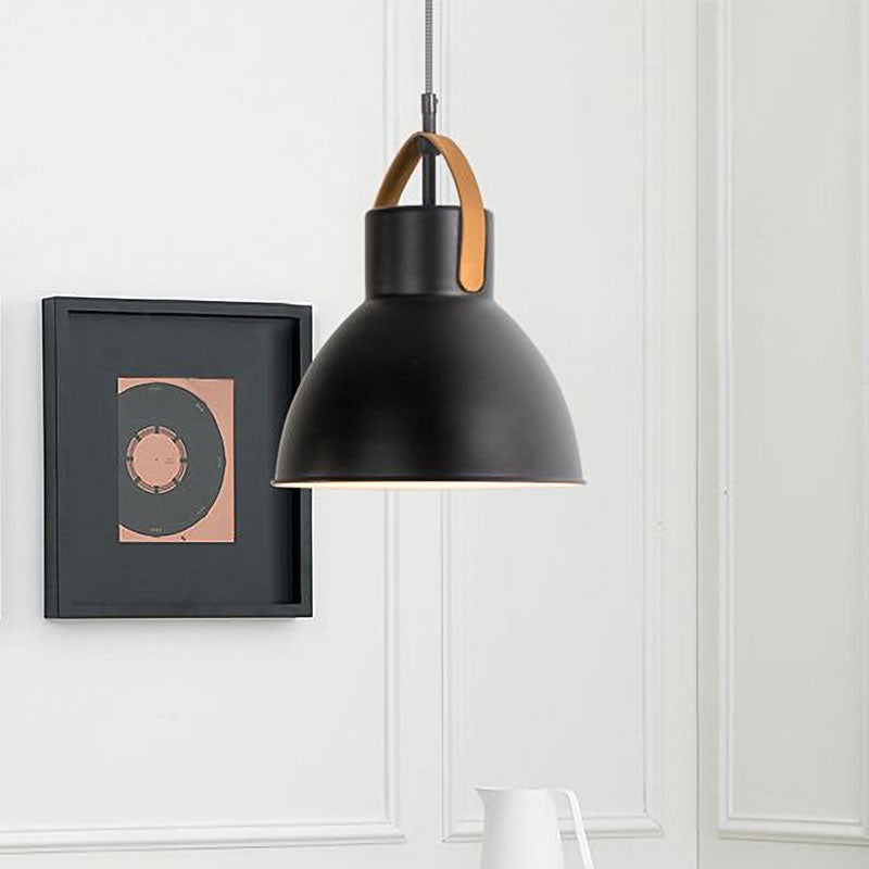 Industrial Metal Pendant Lamp With Glass Diffuser And Leather Strap - 1 Head Hanging Light In Black