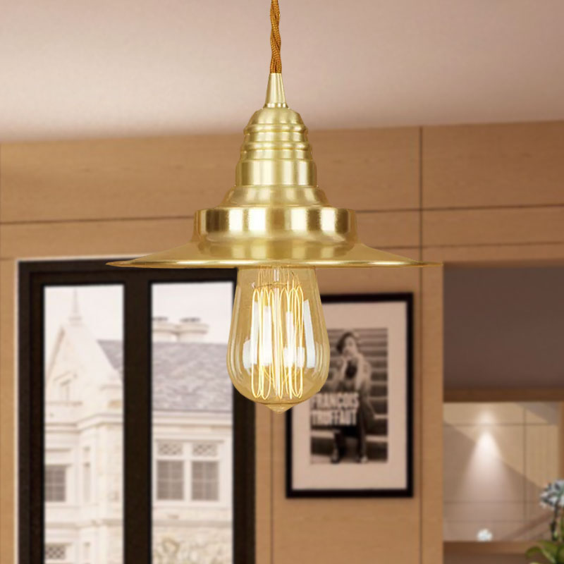 Retro Style Metal Brass Finish Pendant Light with Flat Shade - 1-Light Ceiling Fixture for Table