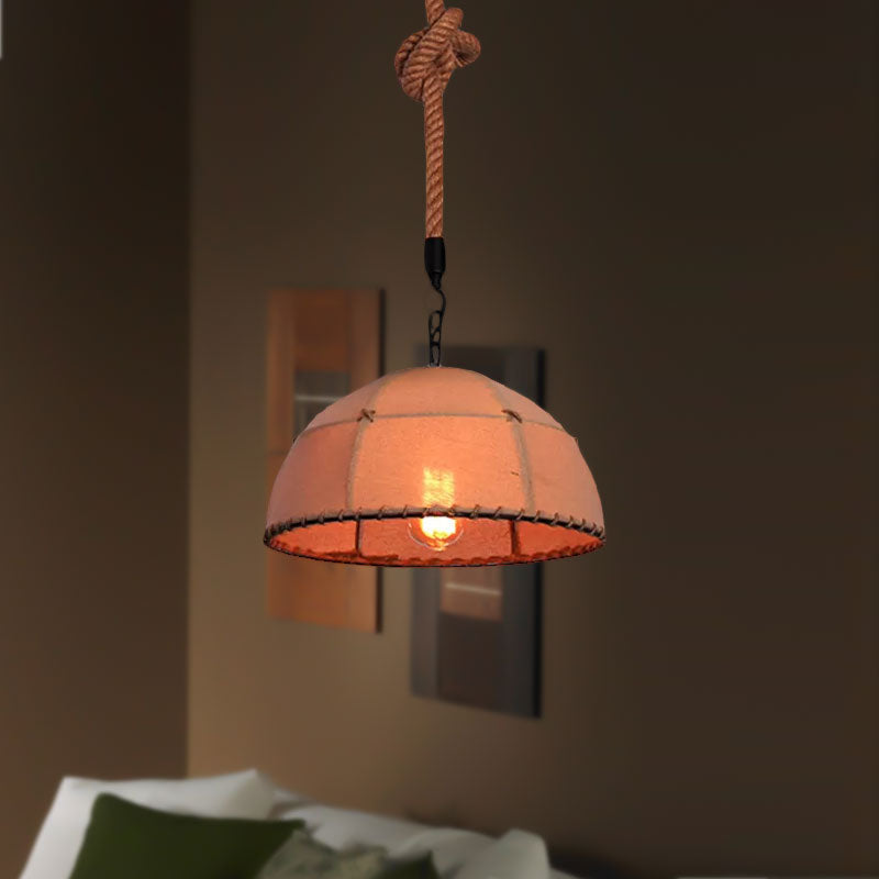 Lodge Style Hanging Lamp With Fabric And Rope Beige Dome Shade - 14/18 Pendant Light For Restaurants