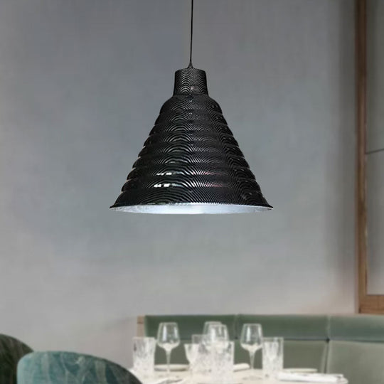 Industrial Style Metal Hanging Light - Ribbed Tapered Shade Black Finish Restaurant Pendant Lighting