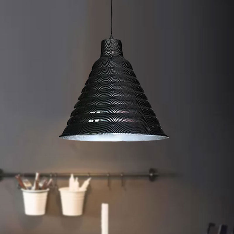 Industrial Style Metal Hanging Light - Ribbed Tapered Shade Black Finish Restaurant Pendant Lighting