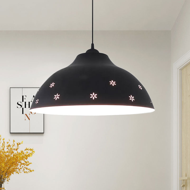 Retro Style Flower Pattern Pendant Light with Adjustable Cord - Black/White Metal Dome Bulb Suspension