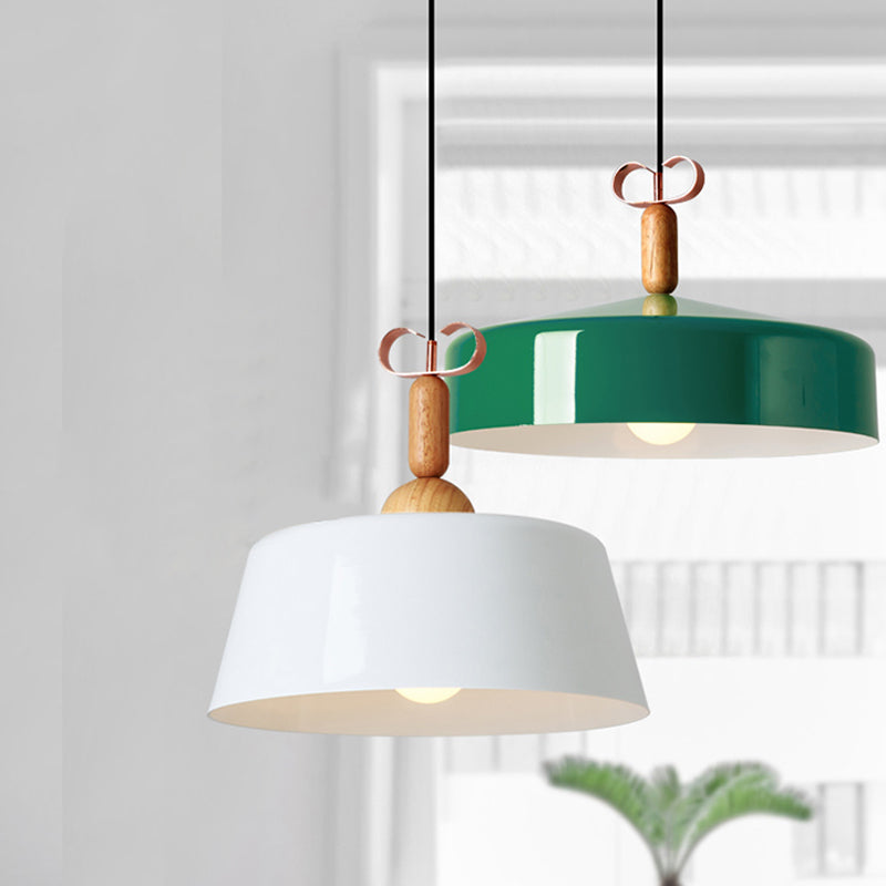 Modernist Style Barn/Cone Shade Pendant Light In White/Green - Metal/Wood Kitchen Lamp Green