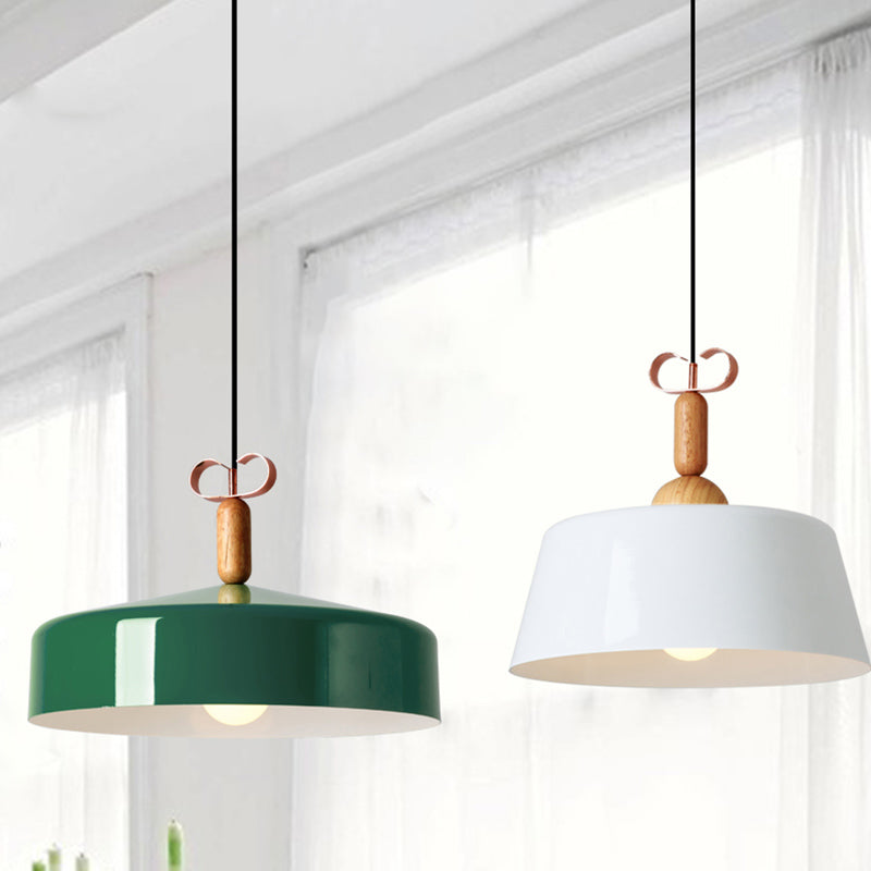 Modernist Style Barn/Cone Shade Pendant Light In White/Green - Metal/Wood Kitchen Lamp