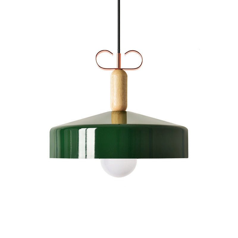 Modernist Style Barn/Cone Shade Pendant Light In White/Green - Metal/Wood Kitchen Lamp