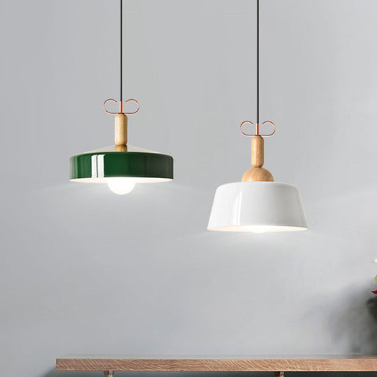 Modernist Style Barn/Cone Shade Pendant Light In White/Green - Metal/Wood Kitchen Lamp