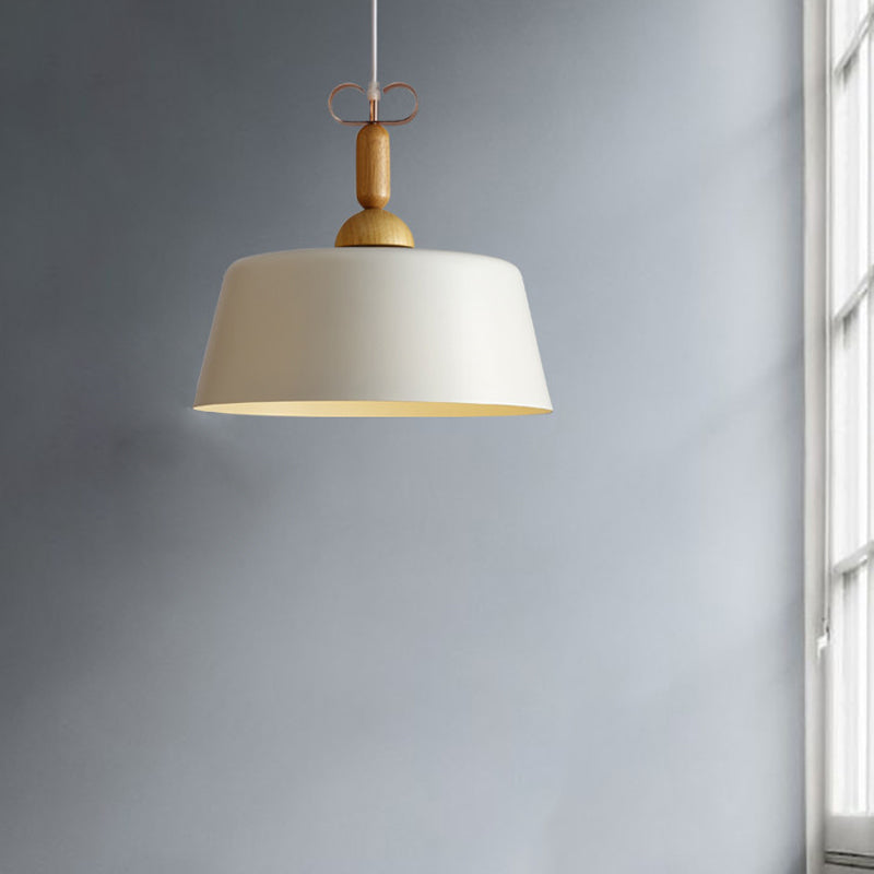 Modernist Style Barn/Cone Shade Pendant Light In White/Green - Metal/Wood Kitchen Lamp White