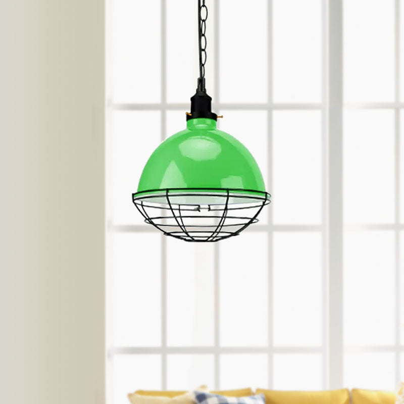 Retro Industrial Metal Pendant Light - Bowl Shade 1 Bulb Multiple Colors Wire Guard And Chain