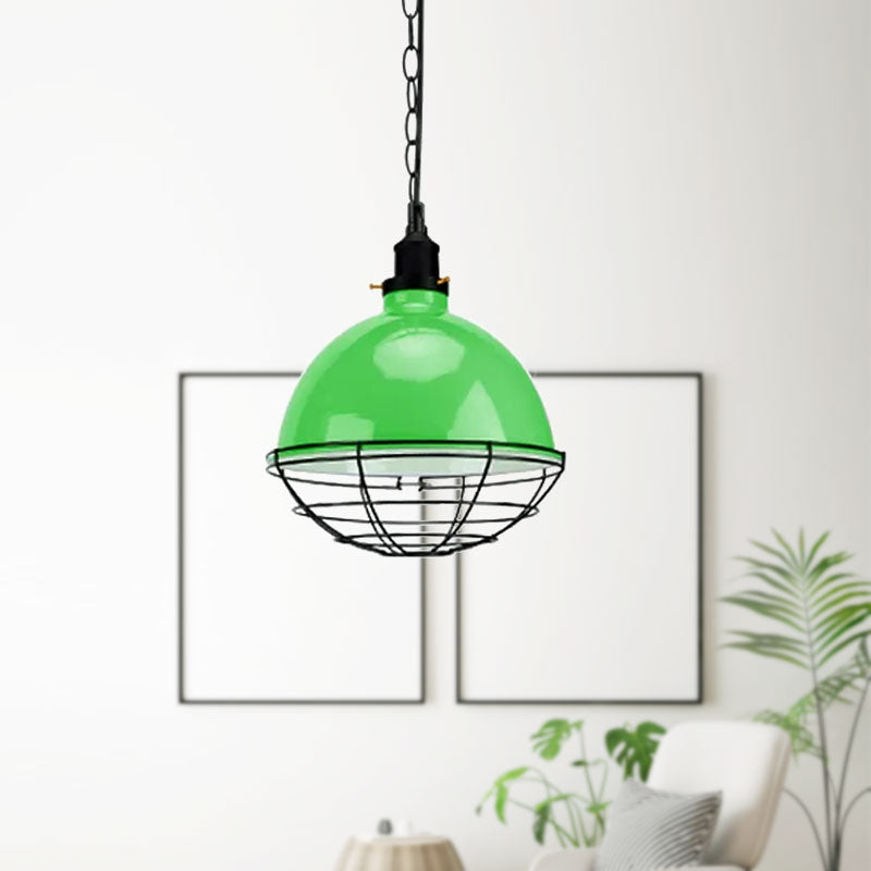 Retro Industrial Metal Pendant Light - Bowl Shade 1 Bulb Multiple Colors Wire Guard And Chain